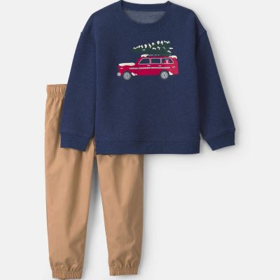 Baby Boy 2-Piece Christmas Car Fleece Pullover & Pant Set - Navy Blue/Khaki