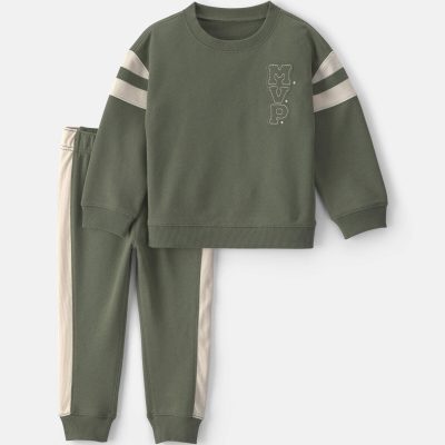 Baby Boy 2-Piece 'MVP' French Terry Long-Sleeve Top & Pant Set - Olive Green