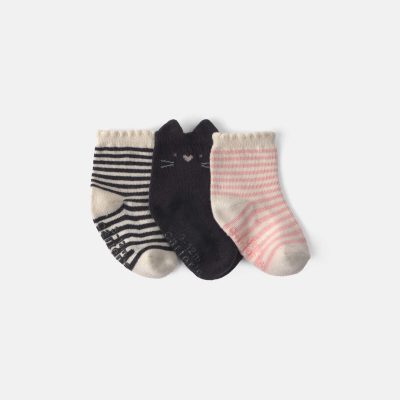 Baby Girl 3-Pack Halloween Cat Booties - Black/Pink