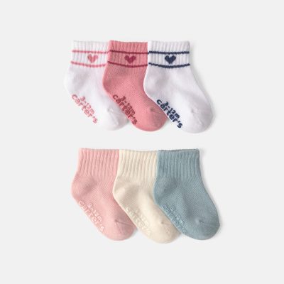 Baby Girl 6-Pack Heart Varsity Stripe Ankle Socks