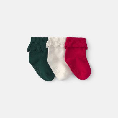 Baby Girl 3-Pack Christmas Foldover Ruffle Bootie - Green/Cream/Red