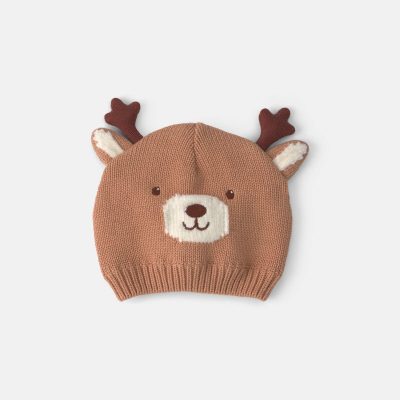 Baby Reindeer Christmas Knit Hat - Brown