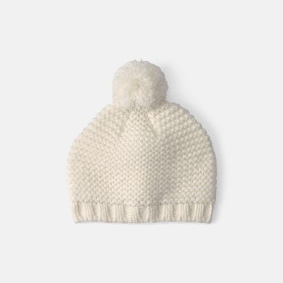 Baby Girl Pom Knit Beanie - White