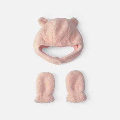 Baby Girl Bear Teddy Fleece Hat & Mitten Set - Pink