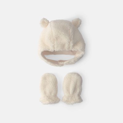 Baby Bear Teddy Fleece Hat & Mitten Set - Cream