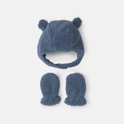 Baby Bear Teddy Fleece Hat & Mitten Set - Blue