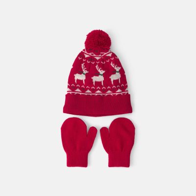 Baby 2-Piece Fair Isle Christmas Beanie & Glove Set - Red