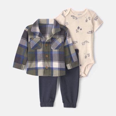Baby Boy 3-Piece Plaid Fleece Layering Set - Green/Navy Blue