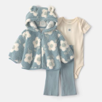 Baby Girl 3-Piece Floral Teddy Fleece Layering Set - Blue