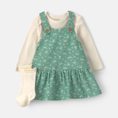 Baby Girl 3-Piece Bow Floral Corduroy Long-Sleeve Dress Set - Green/Cream