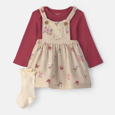 Baby Girl 3-Piece Floral Twill Long-Sleeve Dress Set - Burgundy/Cream