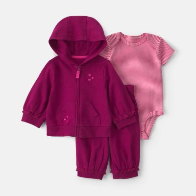 Baby Girl 3-Piece Heart French Terry Layering Set - Burgundy