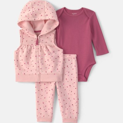 Baby Girl 3-Piece Heart Hooded Layering Set - Pink