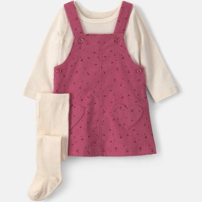 Baby Girl 3-Piece Heart Corduroy Long-Sleeve Dress Set - Pink/Cream
