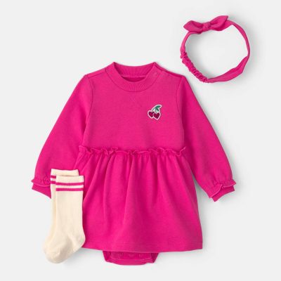 Baby Girl 3-Piece Cherry French Terry Long-Sleeve Dress Set - Pink