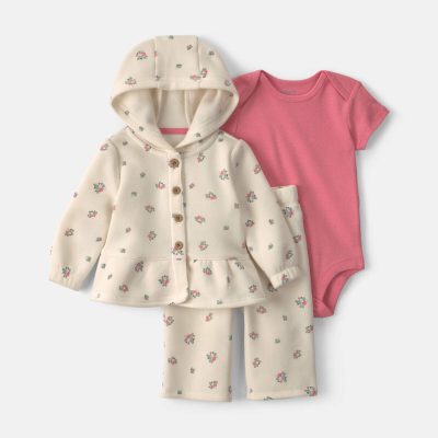 Baby Girl 3-Piece Floral Fleece Layering Set - Cream/Coral