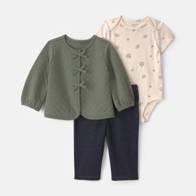 Baby Girl 3-Piece Quilted French Terry Layering Set - Olive Green/Cream