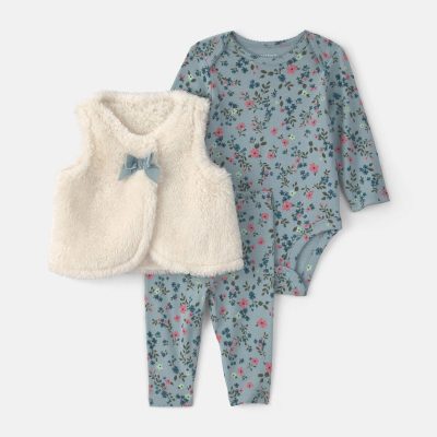Baby Girl 3-Piece Floral Teddy Fleece Layering Set - Blue/Cream