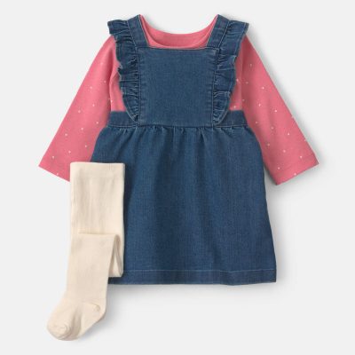 Baby Girl 3-Piece Polka Dot Chambray Long-Sleeve Dress Set - Pink/Indigo
