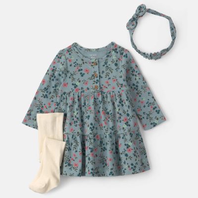 Baby Girl 3-Piece Floral Thermal Dress Set - Blue