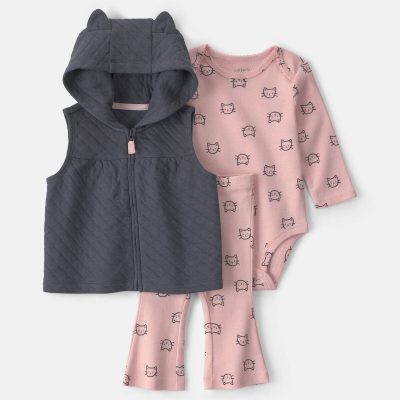 Baby Girl 3-Piece Cat Hooded Layering Set - Grey/Pink