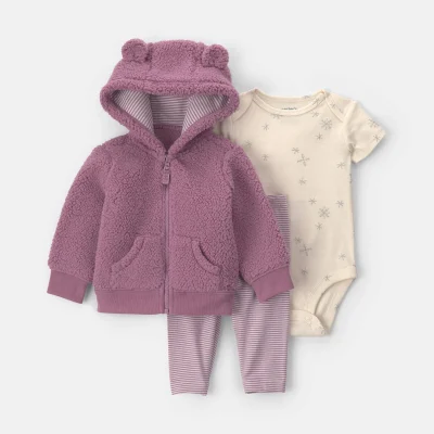 Baby Girl 3-Piece Bear Teddy Fleece Layering Set - Purple
