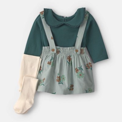 Baby Girl 3-Piece Floral Corduroy Long-Sleeve Dress Set - Green