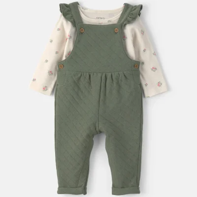 Baby Girl 2-Piece Quilted Overall Set - Olive Green