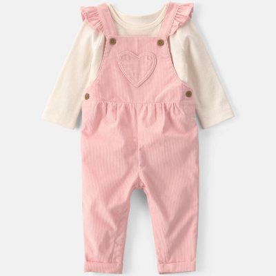 Baby Girl 2-Piece Heart Corduroy Overall Set - Pink