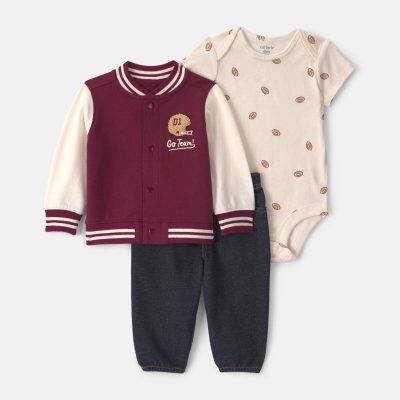 Baby Boy 3-Piece 'Go Team' Football French Terry Layering Set - Maroon