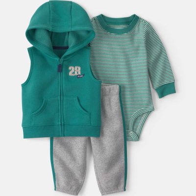 Baby Boy 3-Piece '28' Varsity Hooded Layering Set - Green