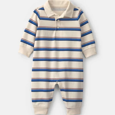 Baby Boy Striped French Terry Long-Sleeve Jumpsuit - Blue/Cream