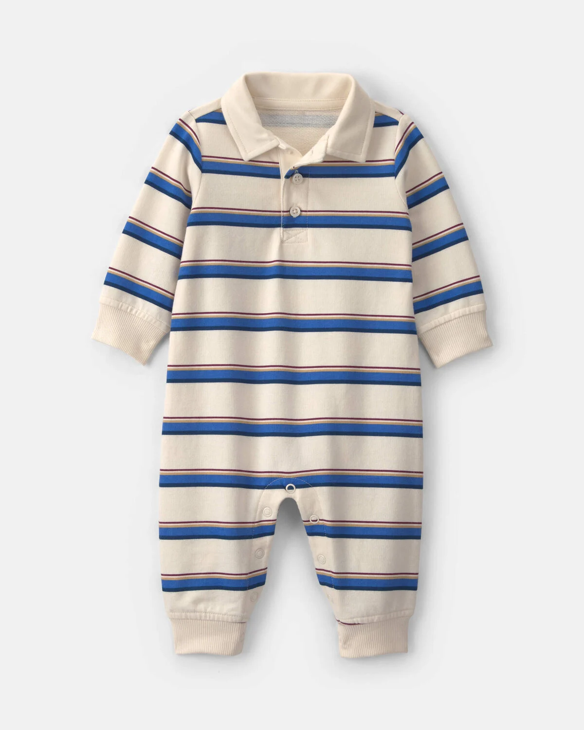 Baby Boy Striped French Terry Long-Sleeve Jumpsuit - Blue/Cream