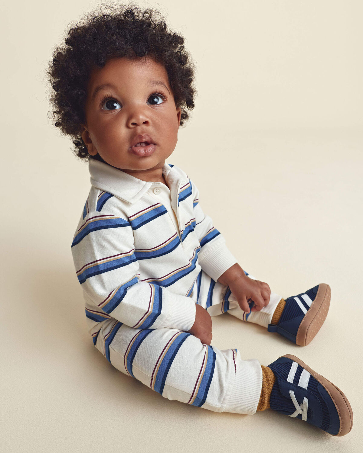 Baby Boy Striped French Terry Long-Sleeve Jumpsuit - Blue/Cream - Image 2