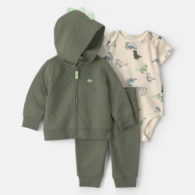 Baby Boy 3-Piece Dinosaur Quilted French Terry Layering Set - Olive Green