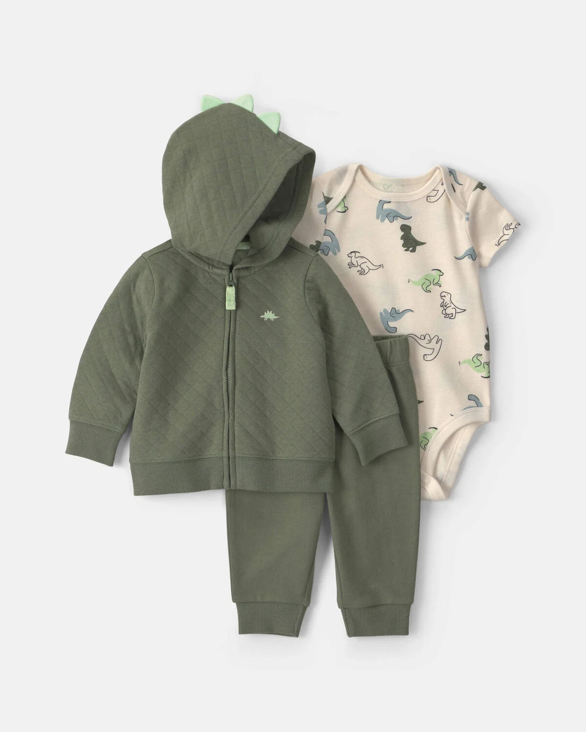Baby Boy 3-Piece Dinosaur Quilted French Terry Layering Set - Olive Green