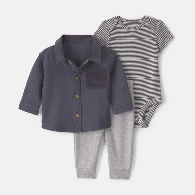 Baby Boy 3-Piece Quilted French Terry Layering Set - Grey