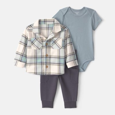 Baby Boy 3-Piece Plaid Fleece Layering Set - Green