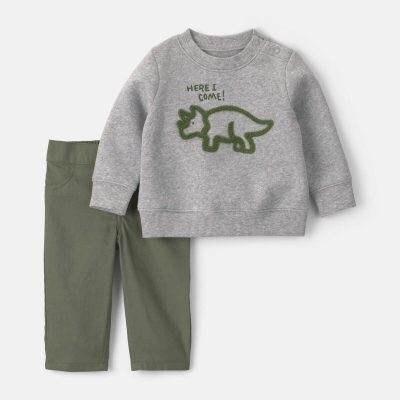 Baby Boy 2-Piece Dinosaur Fleece Pullover & Pant Set - Grey