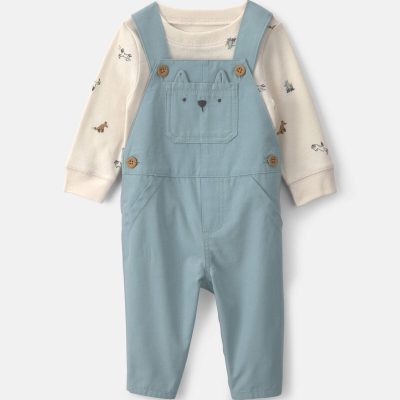 Baby Boy 2-Piece Wolf Long-Sleeve Overall Set - Blue/Cream