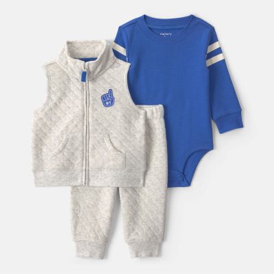 Baby Boy 3-Piece Varsity Quilted Layering Set - Grey/Blue