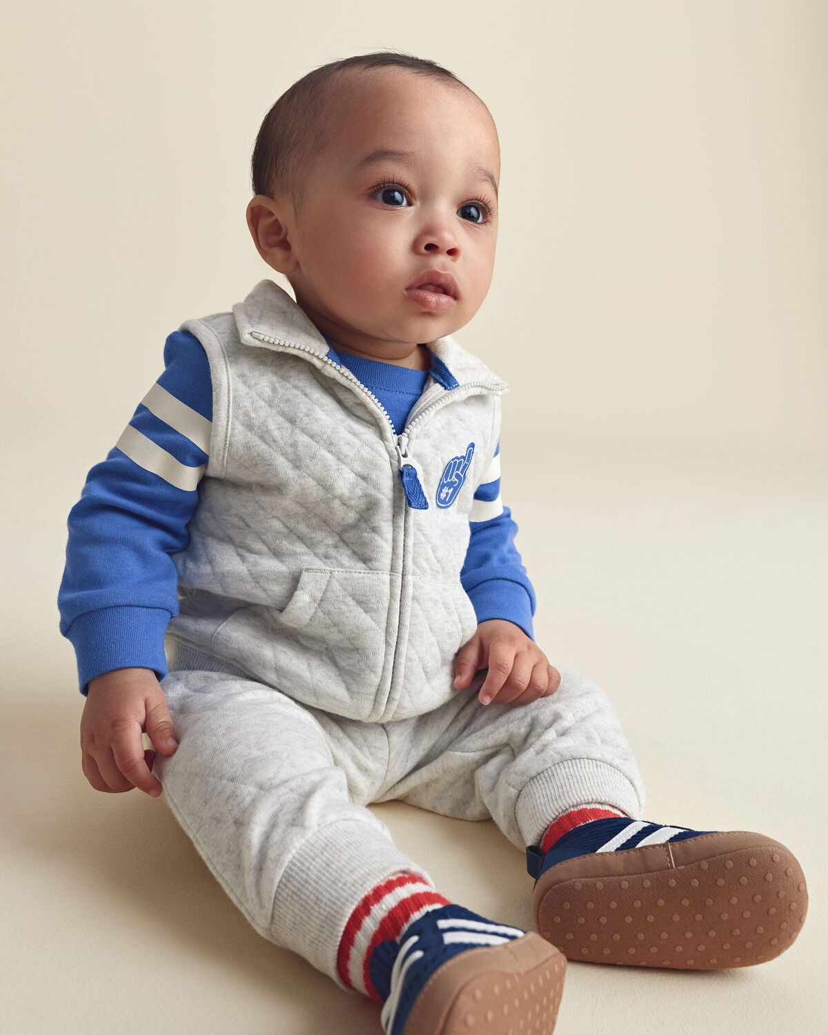 Baby Boy 3-Piece Varsity Quilted Layering Set - Grey/Blue - Image 2