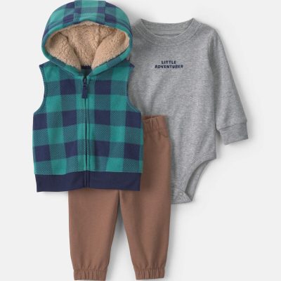 Baby Boy 3-Piece 'Little Adventurer' Buffalo Check Fleece Layering Set