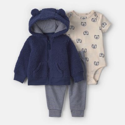 Baby Boy 3-Piece Bear Teddy Fleece Layering Set - Navy Blue/Cream