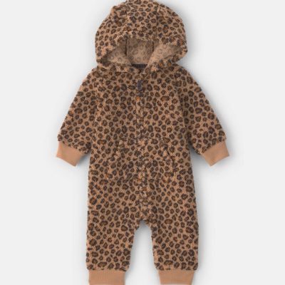 Baby Girl Leopard Teddy Fleece Long-Sleeve Jumpsuit - Brown