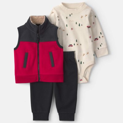 Baby Boy 3-Piece Christmas Fleece Layering Set - Red/Black/Cream