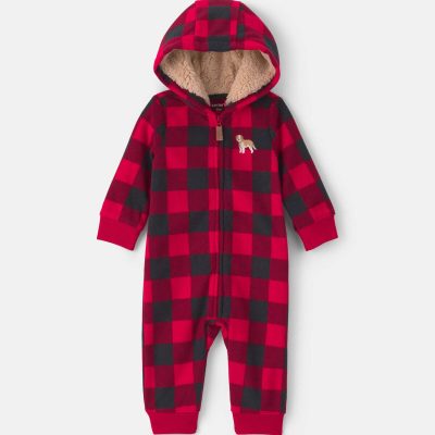 Baby Boy Buffalo Check Fleece Long-Sleeve Jumpsuit - Red/Black