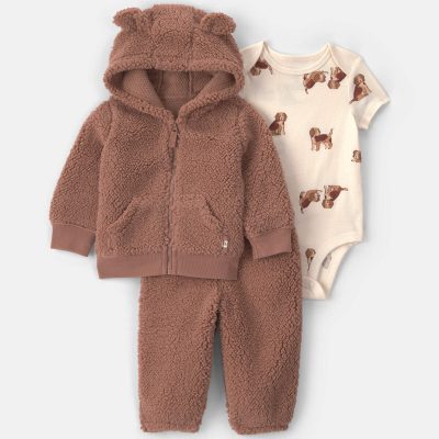 Baby Boy 3-Piece Dog Teddy Fleece Layering Set - Brown
