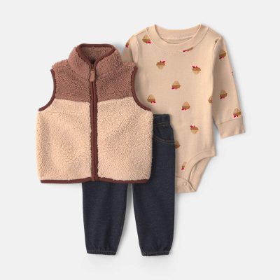 Baby Boy 3-Piece Acorn Teddy Fleece Layering Set - Brown/Indigo