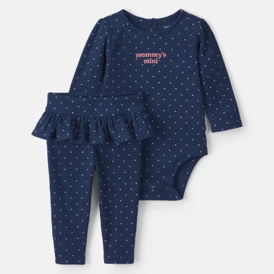 Baby Girl 2-Piece 'Mommy's Mini' Long-Sleeve Bodysuit & Pant Set - Navy Blue